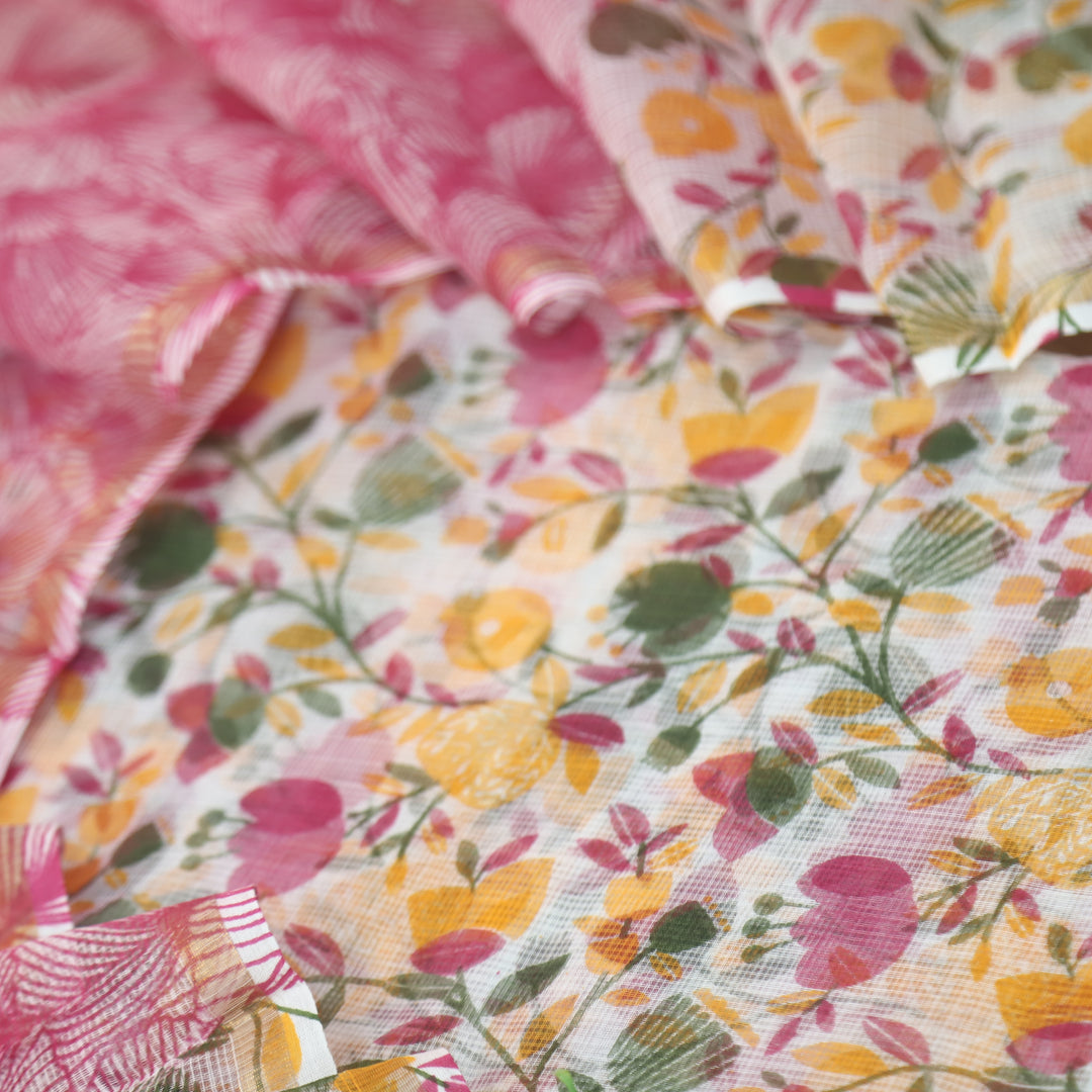 Kamleya Pearl White with Pink Bottom Floral Printed Kota Doriya Suit Set