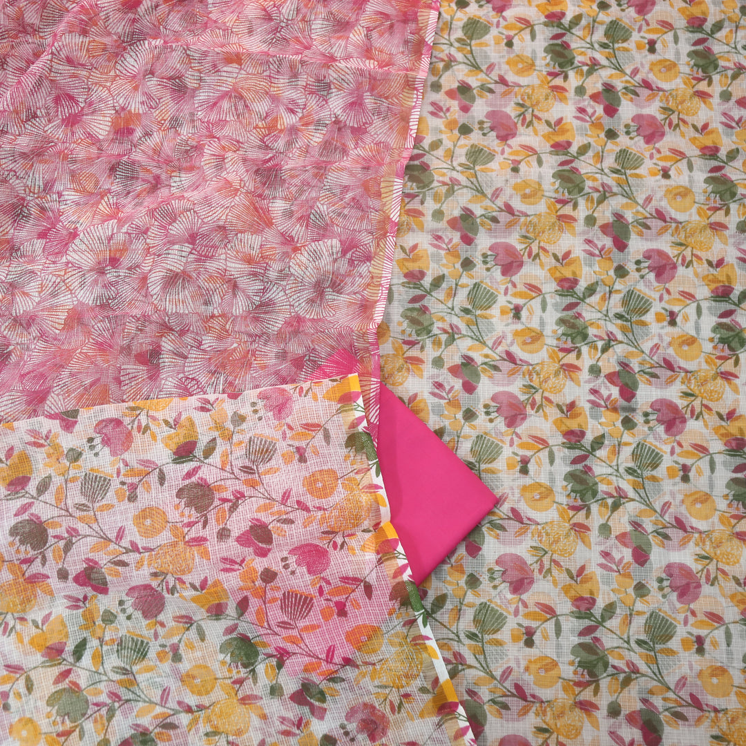 Kamleya Pearl White with Pink Bottom Floral Printed Kota Doriya Suit Set