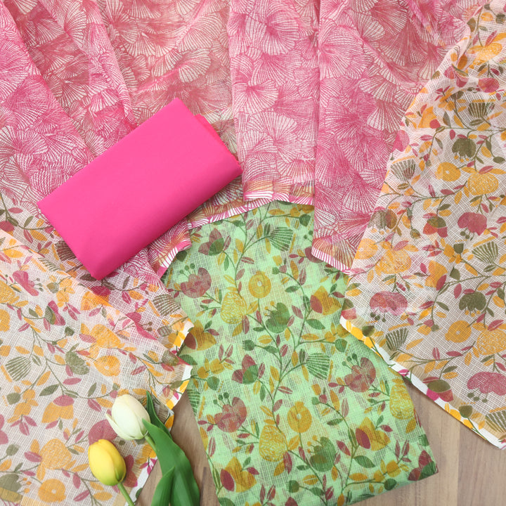 Kamleya Mint Green with Pink Bottom Floral Printed Kota Doriya Suit Set