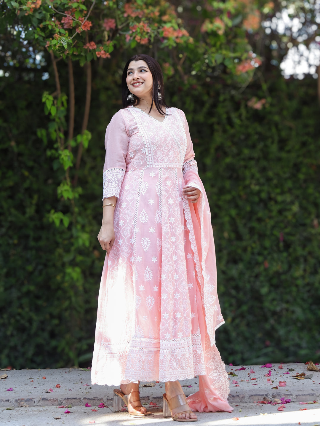 Mahnoor Pastel Peach Angrakha Yoke Chikankari Inspired Anarkali Mul Cotton 3 Piece Set