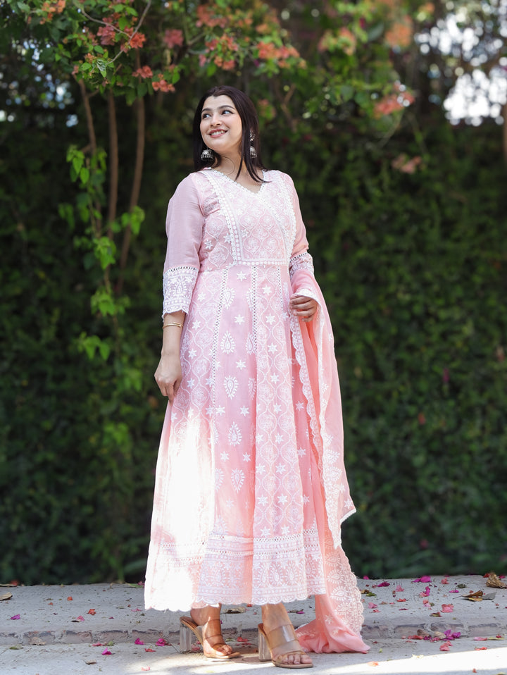 Mahnoor Pastel Peach Angrakha Yoke Chikankari Inspired Anarkali Mul Cotton 3 Piece Set