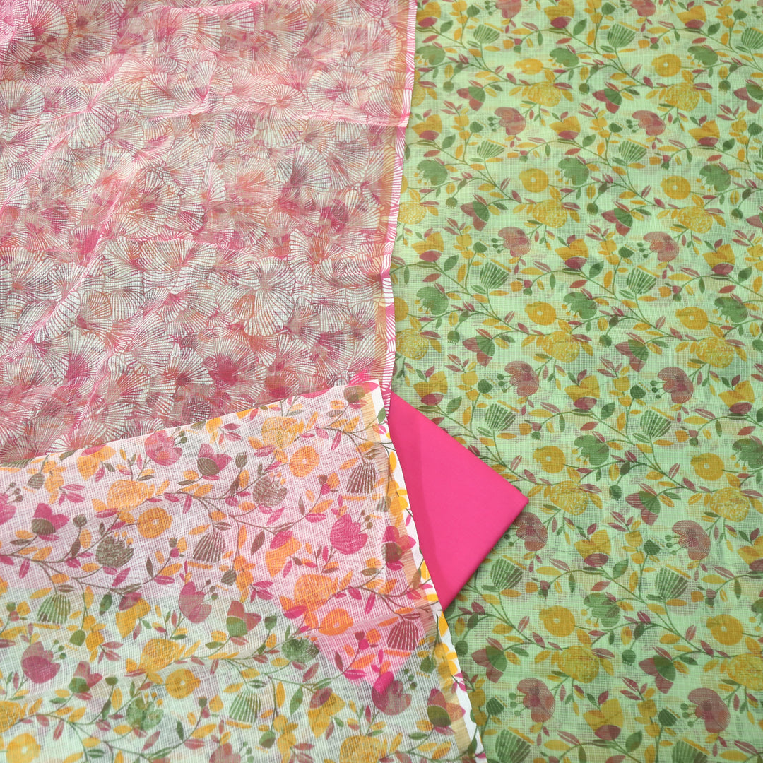 Kamleya Mint Green with Pink Bottom Floral Printed Kota Doriya Suit Set