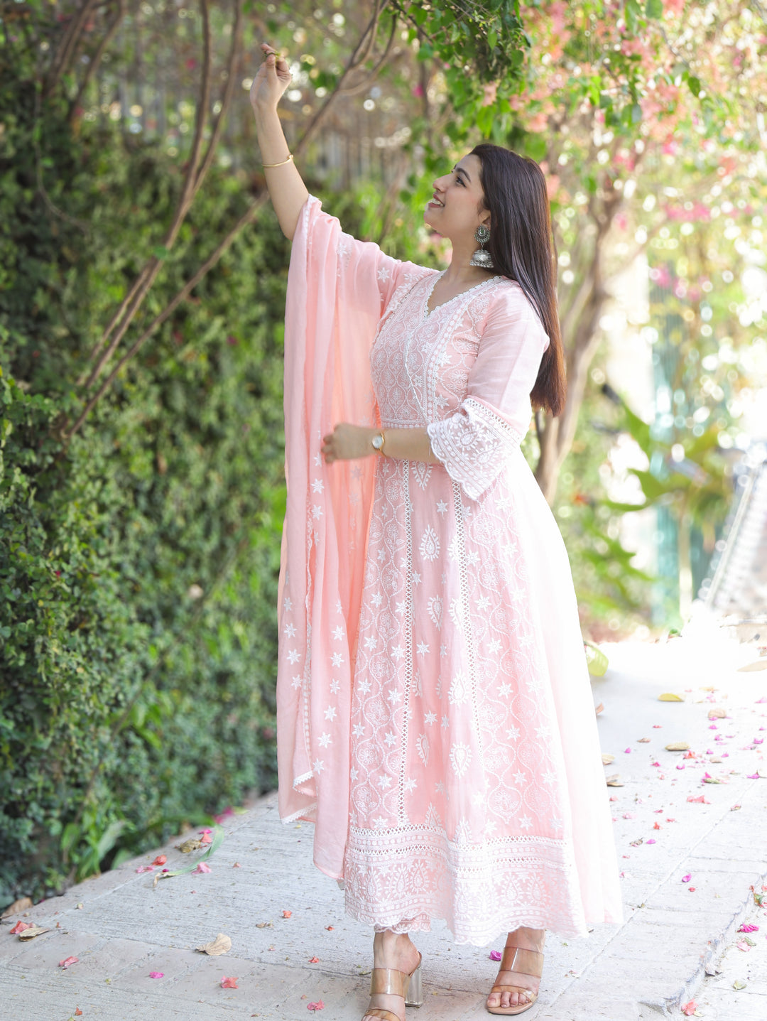 Mahnoor Pastel Peach Angrakha Yoke Chikankari Inspired Anarkali Mul Cotton 3 Piece Set