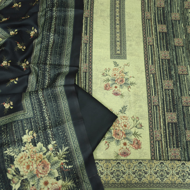 संजानी Beige with Black Panel Style Floral Printed Semi Pashmina Winter Set