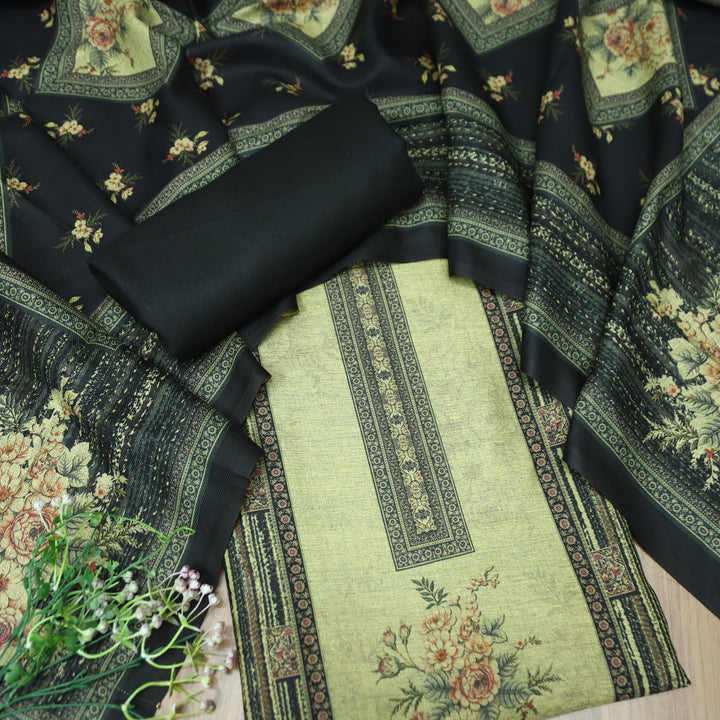 संजानी Beige with Black Panel Style Floral Printed Semi Pashmina Winter Set