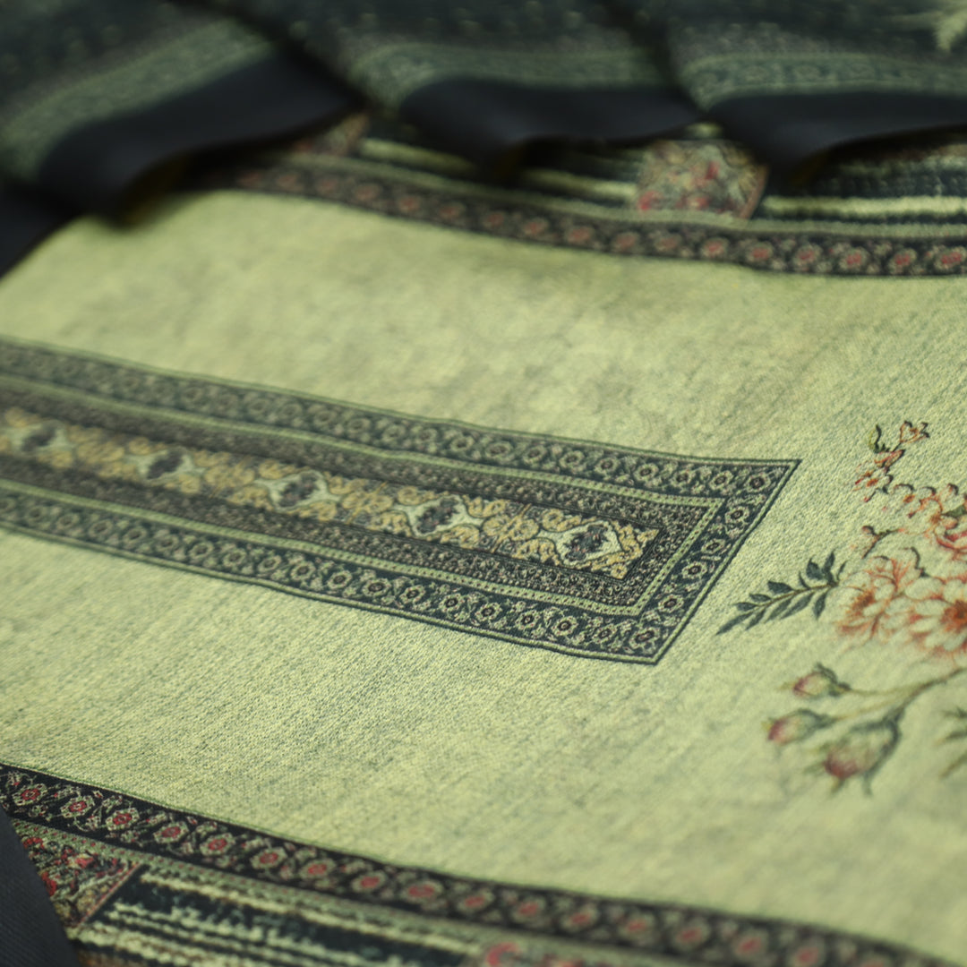 संजानी Beige with Black Panel Style Floral Printed Semi Pashmina Winter Set