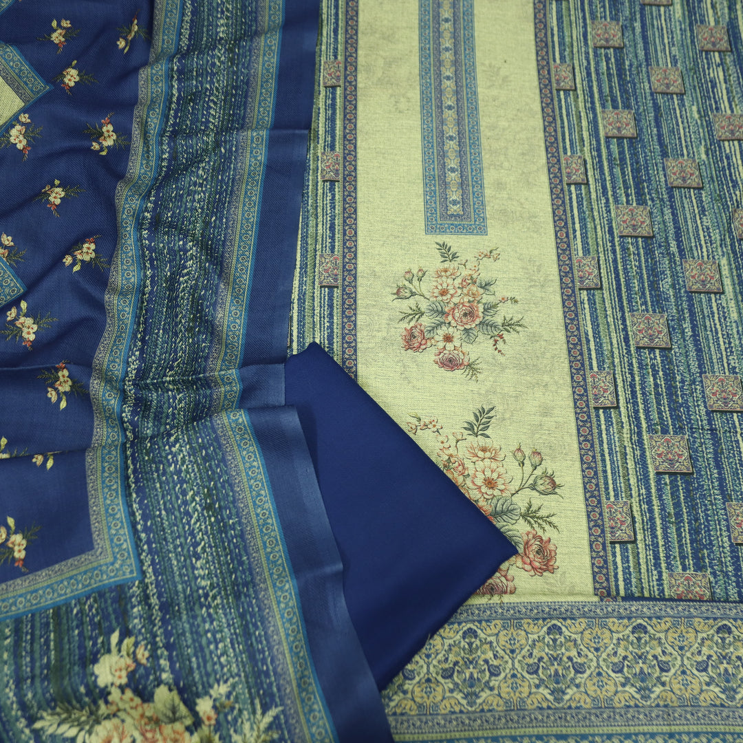 संजानी Beige with Blue Panel Style Floral Printed Semi Pashmina Winter Set