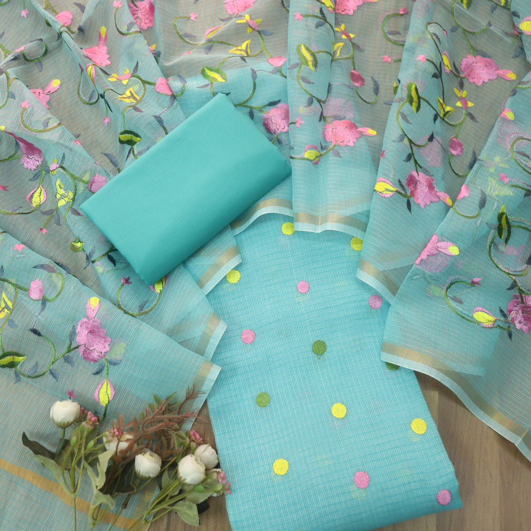 Udarri Aqua Teal All Over Embriodered Buti Work Kota Doriya Suit Set