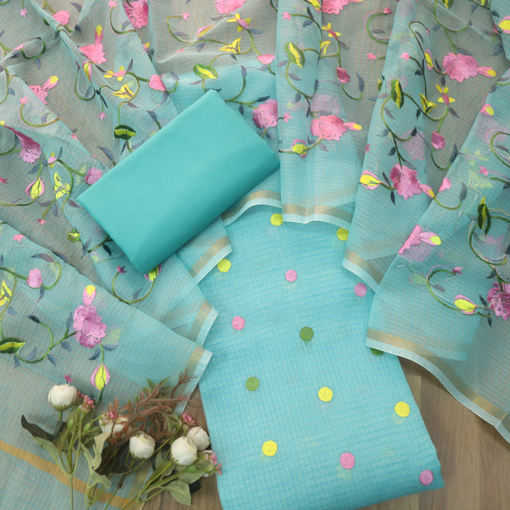 Udarri Aqua Teal All Over Embriodered Buti Work Kota Doriya Suit Set