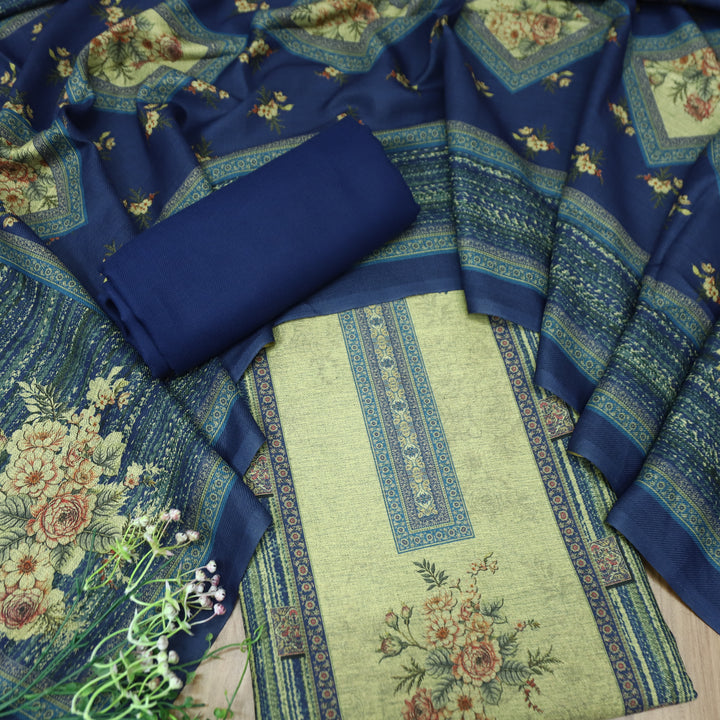 संजानी Beige with Blue Panel Style Floral Printed Semi Pashmina Winter Set