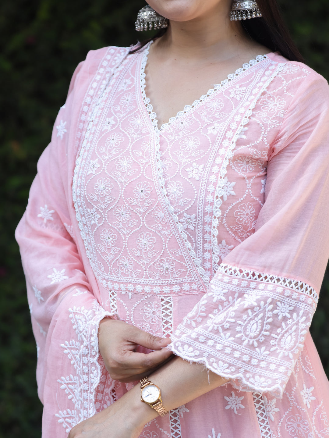 Mahnoor Pastel Peach Angrakha Yoke Chikankari Inspired Anarkali Mul Cotton 3 Piece Set