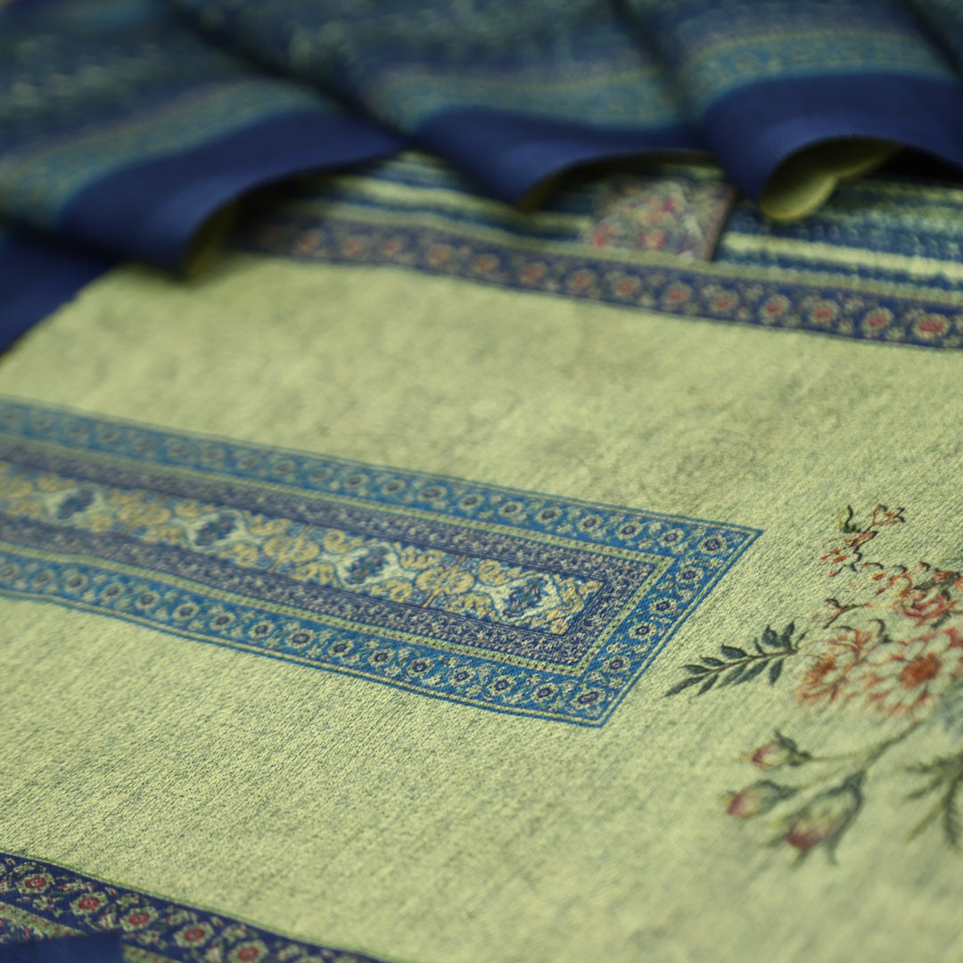 संजानी Beige with Blue Panel Style Floral Printed Semi Pashmina Winter Set