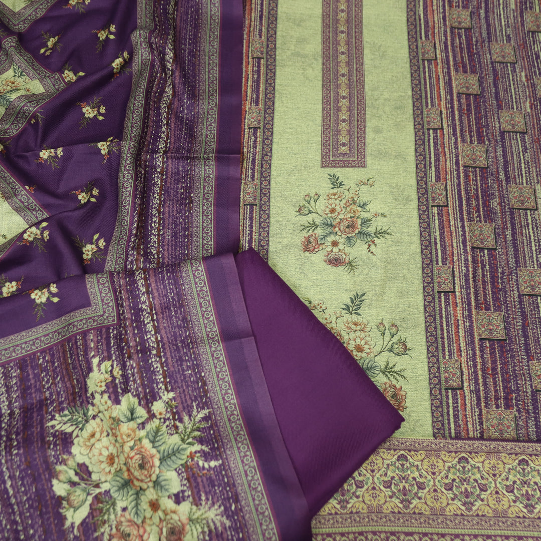 संजानी Beige with Purple Panel Style Floral Printed Semi Pashmina Winter Set