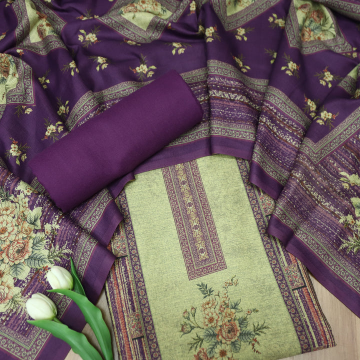 संजानी Beige with Purple Panel Style Floral Printed Semi Pashmina Winter Set