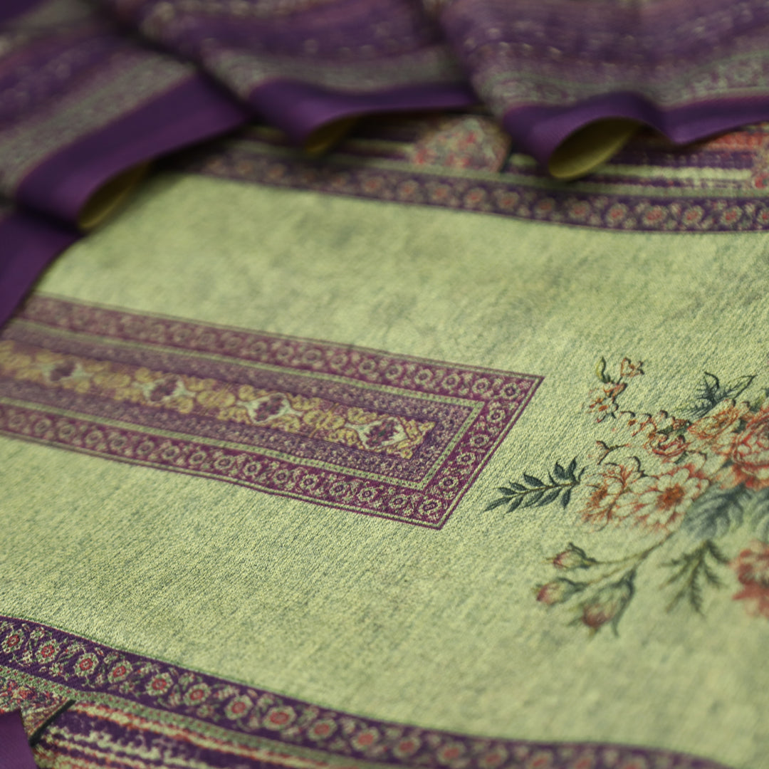 संजानी Beige with Purple Panel Style Floral Printed Semi Pashmina Winter Set