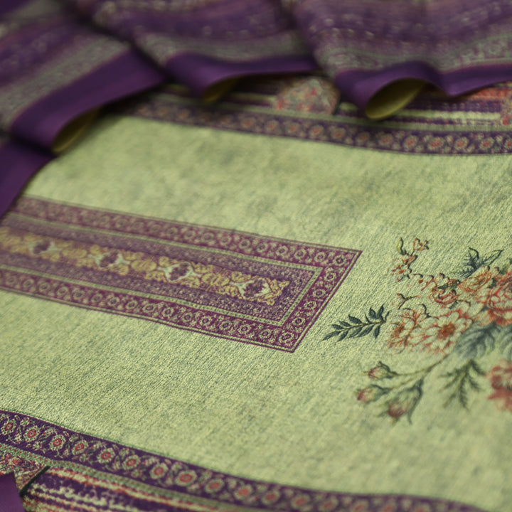 संजानी Beige with Purple Panel Style Floral Printed Semi Pashmina Winter Set