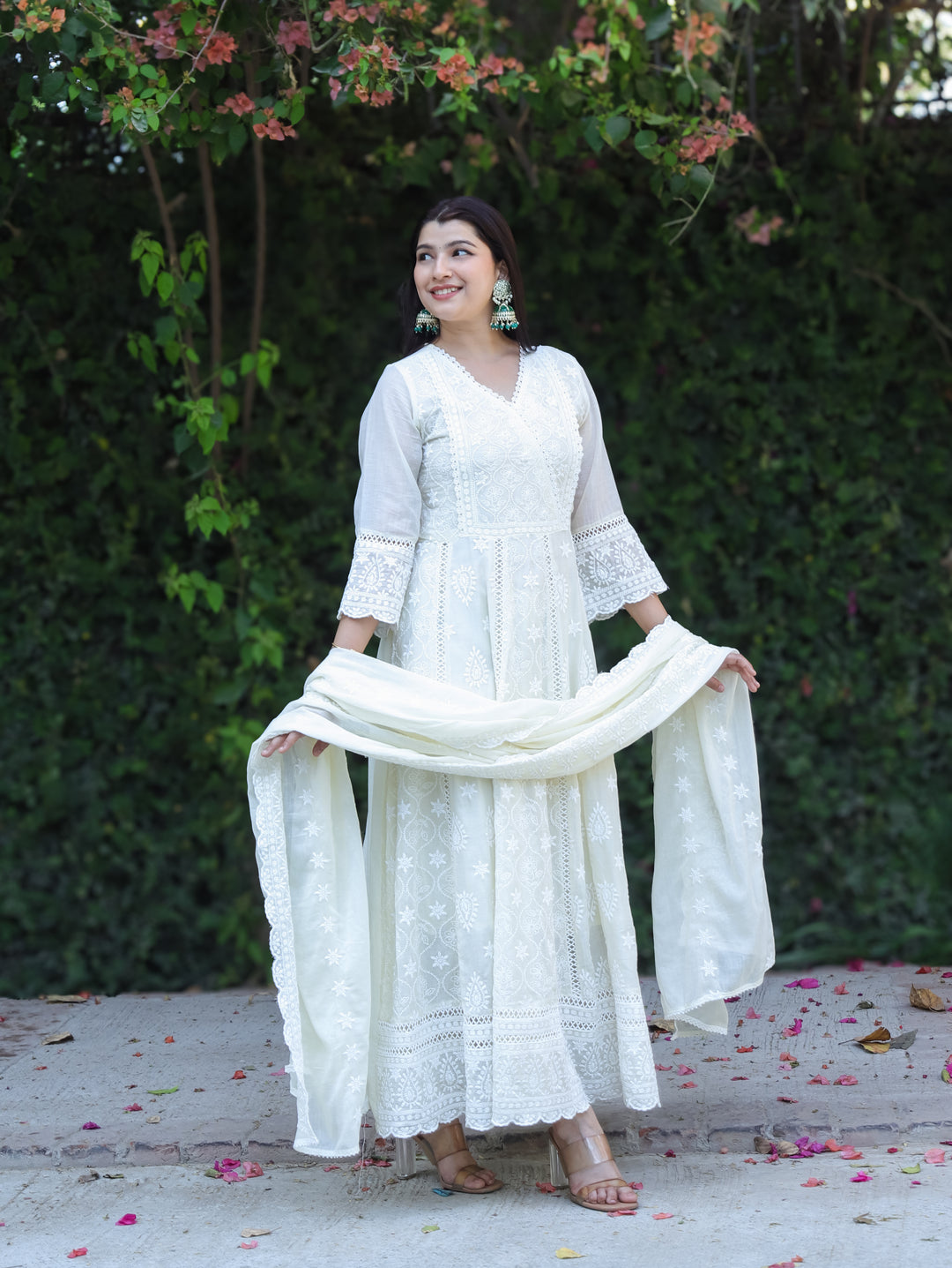 Mahnoor Pearl White Angrakha Yoke Chikankari Inspired Anarkali Mul Cotton 3 Piece Set