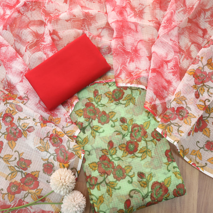 Kamleya Mint Green with Red Bottom Floral Printed Kota Doriya Suit Set