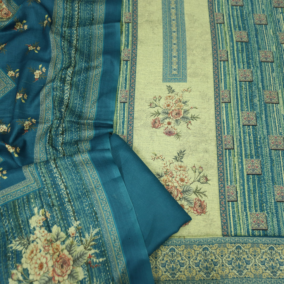 संजानी Beige with Teal Panel Style Floral Printed Semi Pashmina Winter Set