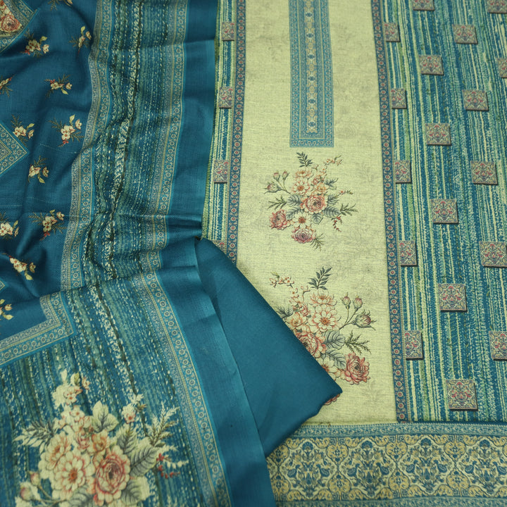 संजानी Beige with Teal Panel Style Floral Printed Semi Pashmina Winter Set