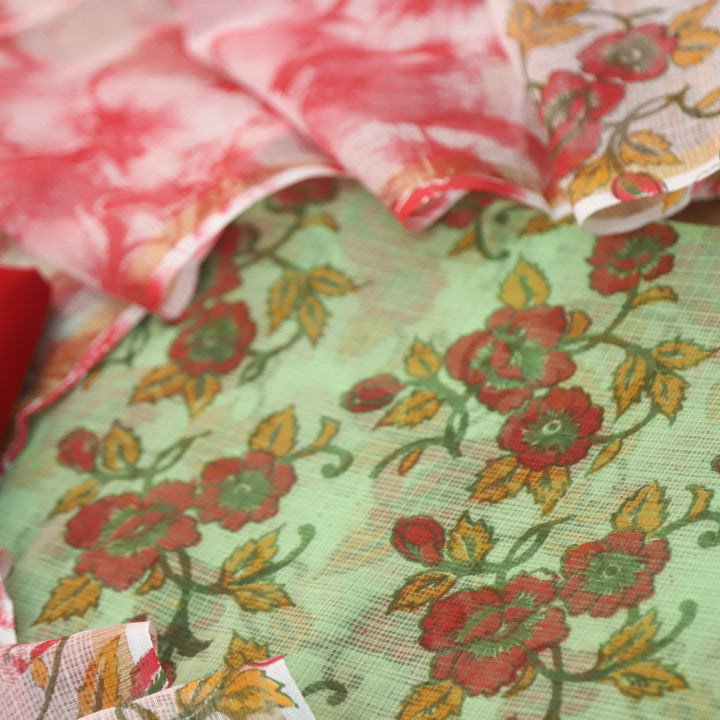 Kamleya Mint Green with Red Bottom Floral Printed Kota Doriya Suit Set