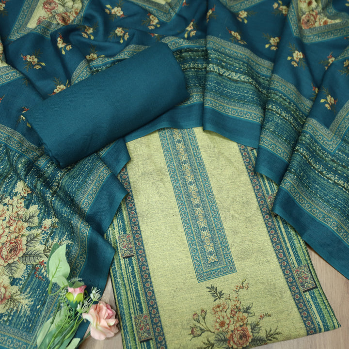 संजानी Beige with Teal Panel Style Floral Printed Semi Pashmina Winter Set