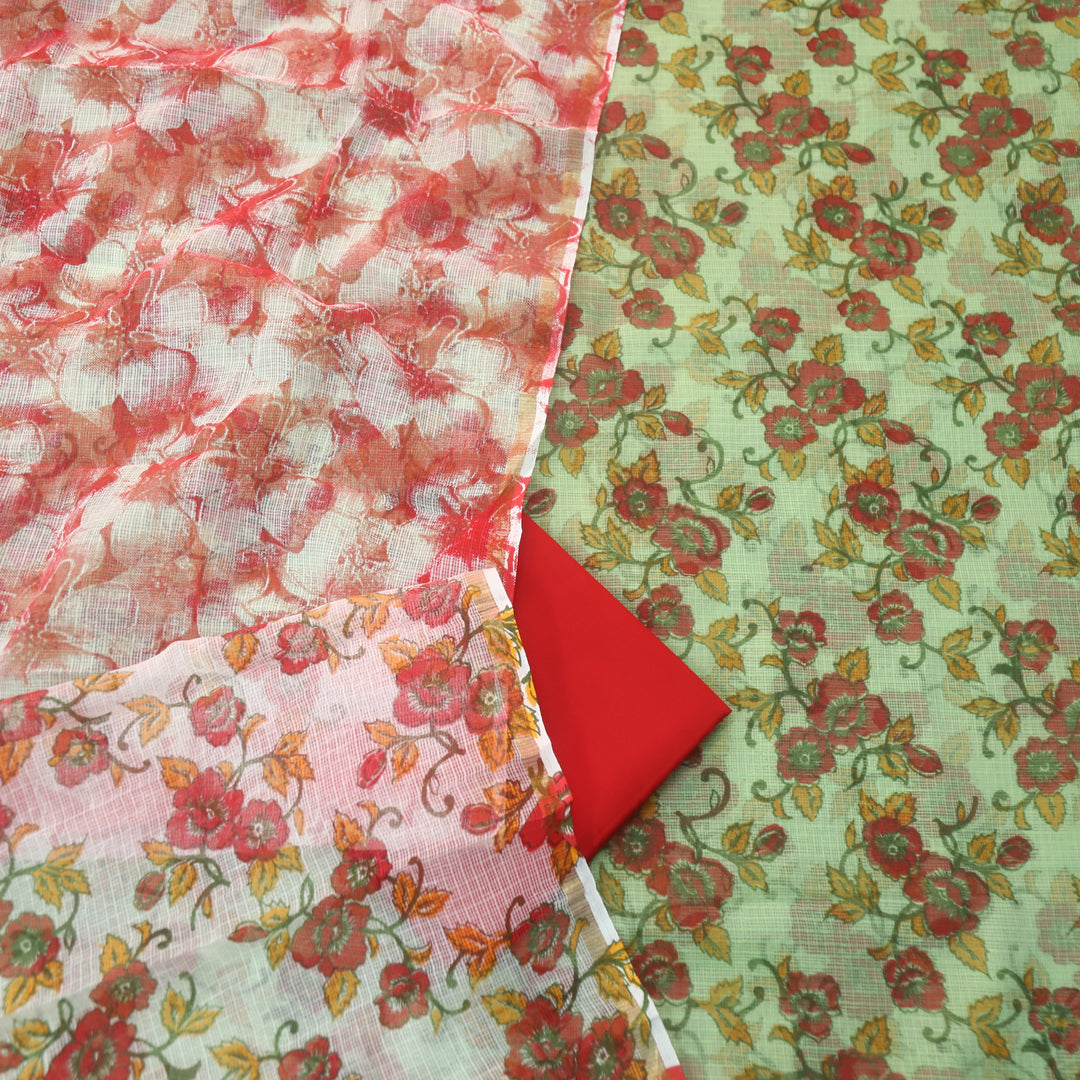 Kamleya Mint Green with Red Bottom Floral Printed Kota Doriya Suit Set