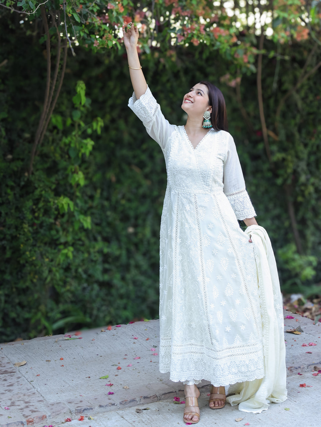 Mahnoor Pearl White Angrakha Yoke Chikankari Inspired Anarkali Mul Cotton 3 Piece Set