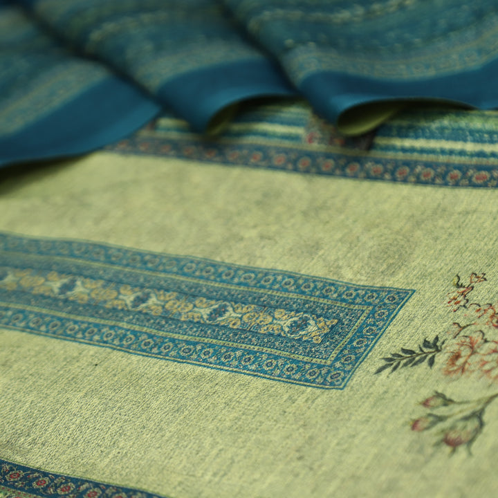 संजानी Beige with Teal Panel Style Floral Printed Semi Pashmina Winter Set