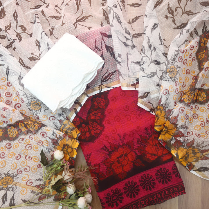 Kamleya Wine Red with White Schiffli Bottom Floral Printed Kota Doriya Suit Set