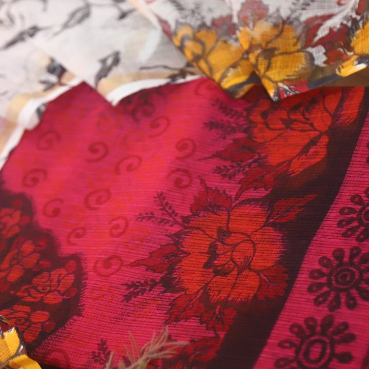 Kamleya Wine Red with White Schiffli Bottom Floral Printed Kota Doriya Suit Set