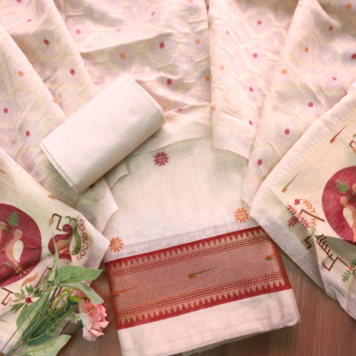 Mausami Shell White with Red Jamdani Jacquard Paithani Inspired Chanderi Set