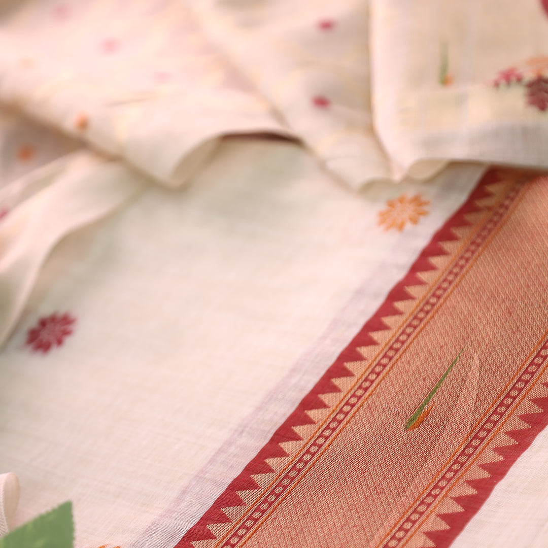 Mausami Shell White with Red Jamdani Jacquard Paithani Inspired Chanderi Set