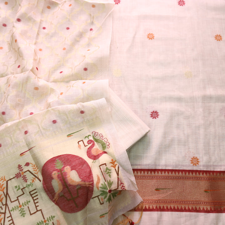 Mausami Shell White with Red Jamdani Jacquard Paithani Inspired Chanderi Set