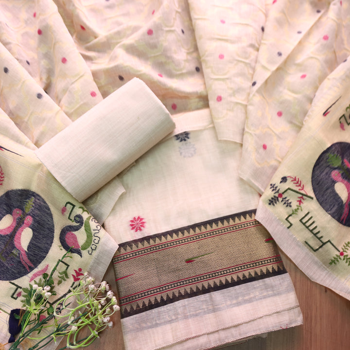 Mausami Shell White with Blue Jamdani Jacquard Paithani Inspired Chanderi Set