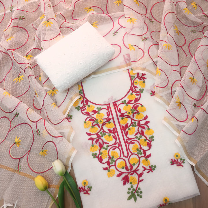 Udarri Pearl White All Over Embriodered Work Kota Doriya Suit Set