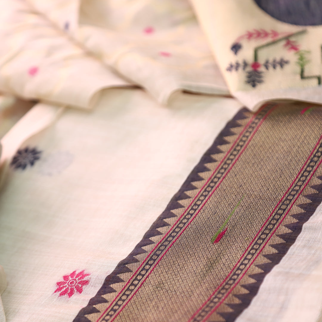 Mausami Shell White with Blue Jamdani Jacquard Paithani Inspired Chanderi Set