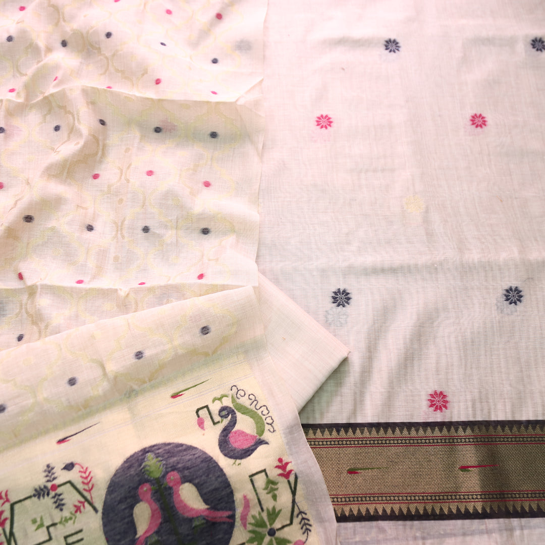 Mausami Shell White with Blue Jamdani Jacquard Paithani Inspired Chanderi Set