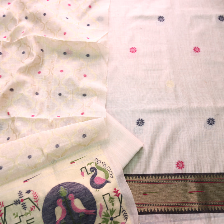 Mausami Shell White with Blue Jamdani Jacquard Paithani Inspired Chanderi Set