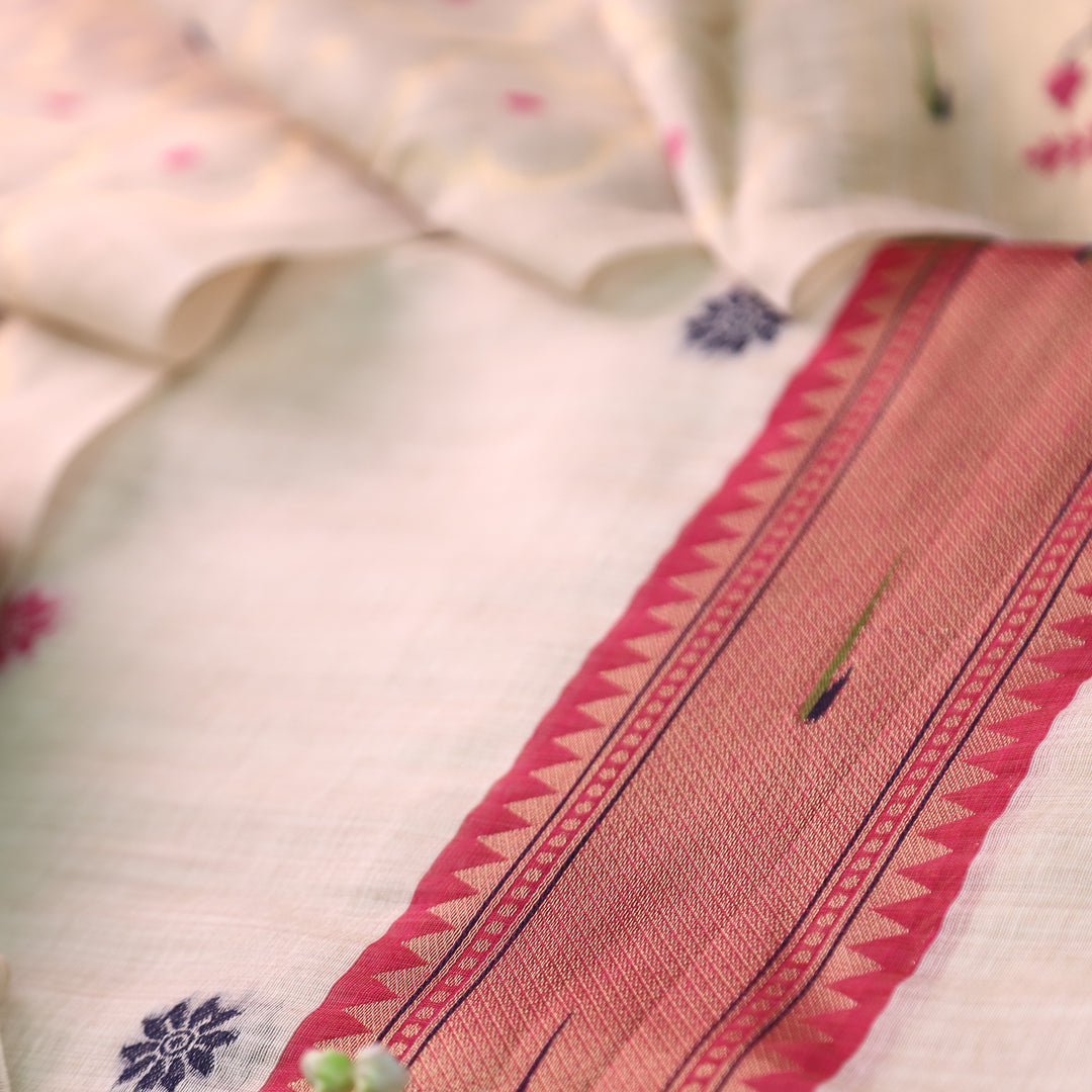 Mausami Shell White with Pink Jamdani Jacquard Paithani Inspired Chanderi Set