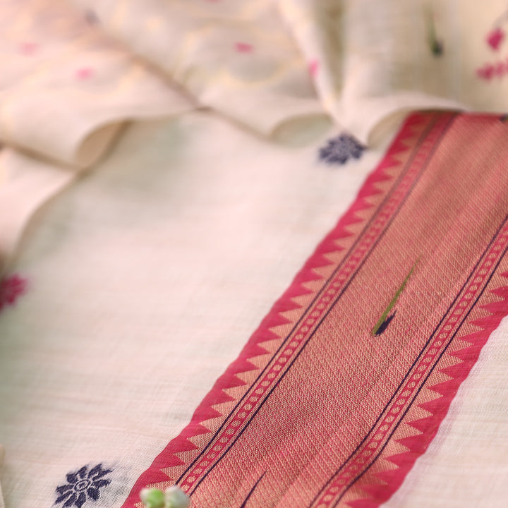 Mausami Shell White with Pink Jamdani Jacquard Paithani Inspired Chanderi Set