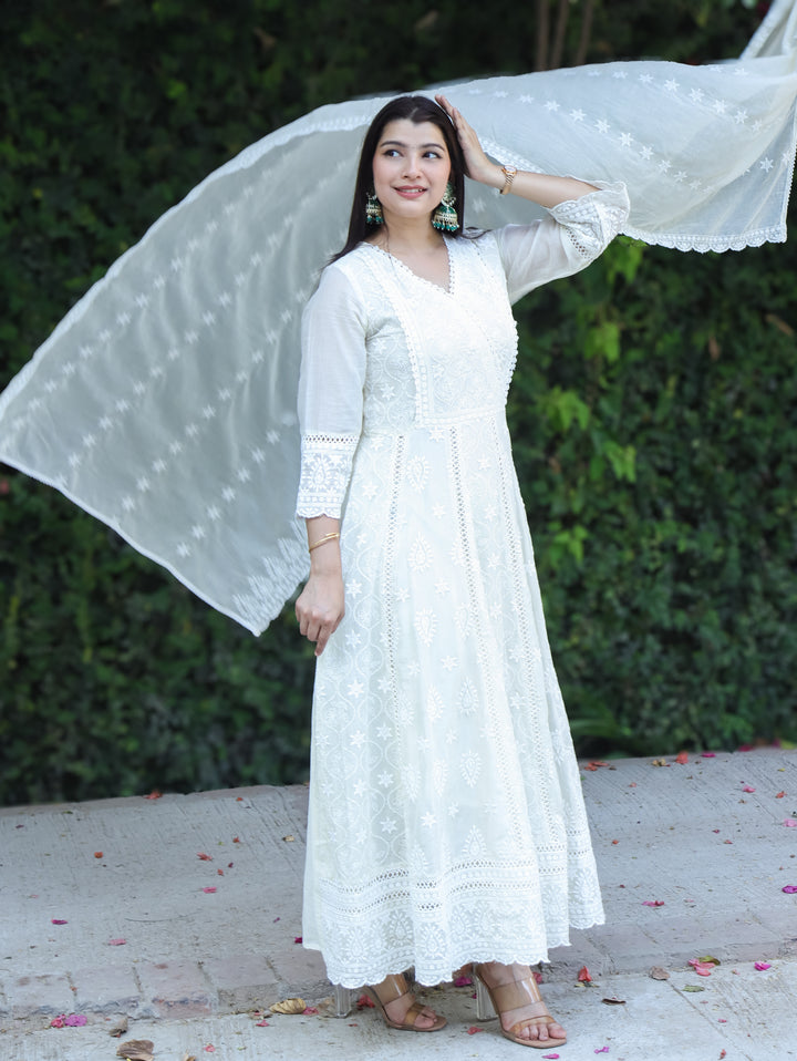 Mahnoor Pearl White Angrakha Yoke Chikankari Inspired Anarkali Mul Cotton 3 Piece Set