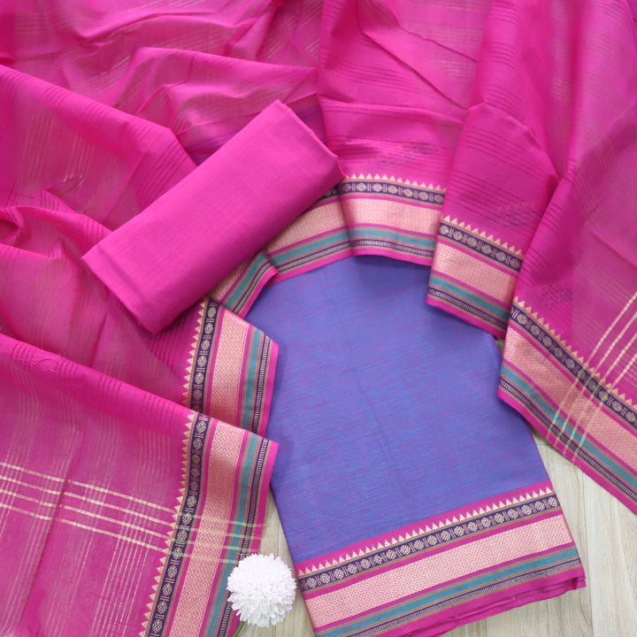 Sanskruti Purple with Pink Dupatta South Cotton Temple Hem Suit Set