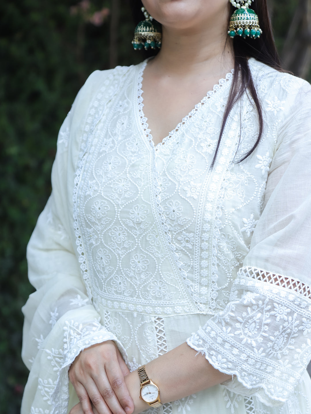 Mahnoor Pearl White Angrakha Yoke Chikankari Inspired Anarkali Mul Cotton 3 Piece Set