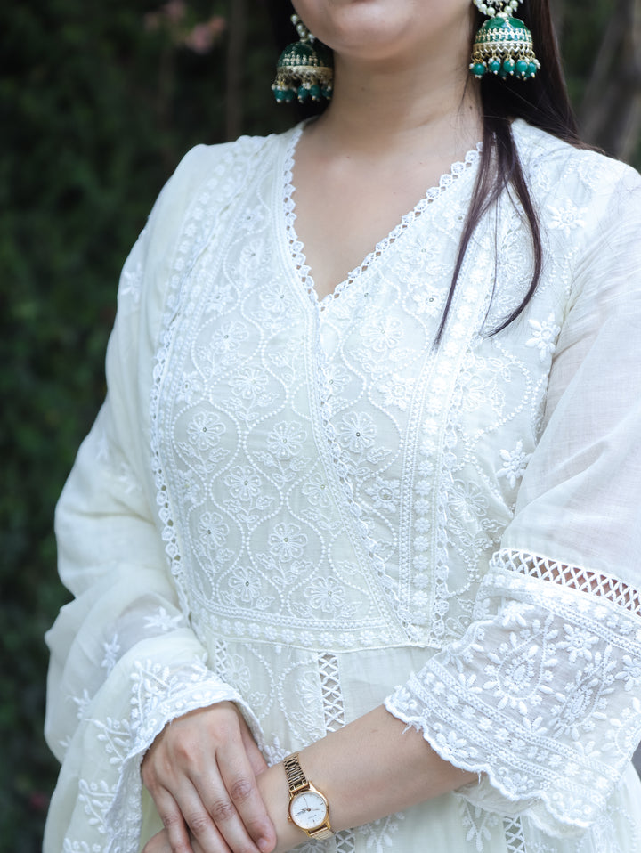 Mahnoor Pearl White Angrakha Yoke Chikankari Inspired Anarkali Mul Cotton 3 Piece Set
