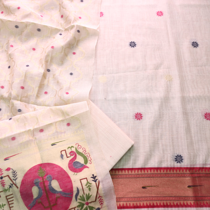 Mausami Shell White with Pink Jamdani Jacquard Paithani Inspired Chanderi Set