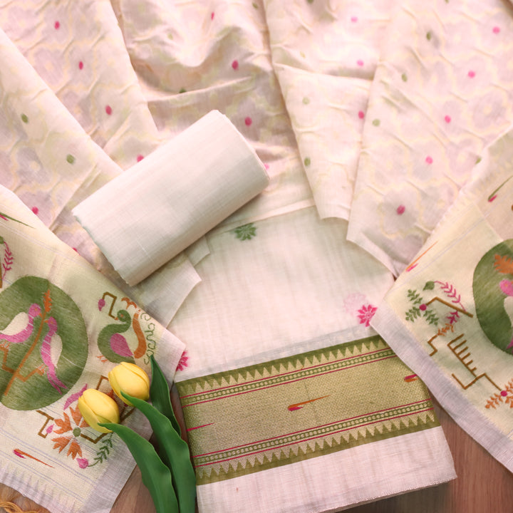 Mausami Shell White with Green Jamdani Jacquard Paithani Inspired Chanderi Set