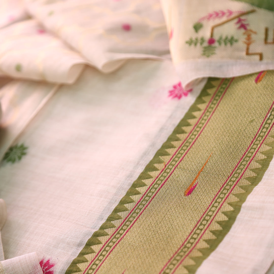 Mausami Shell White with Green Jamdani Jacquard Paithani Inspired Chanderi Set