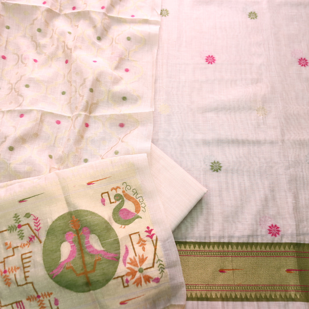 Mausami Shell White with Green Jamdani Jacquard Paithani Inspired Chanderi Set