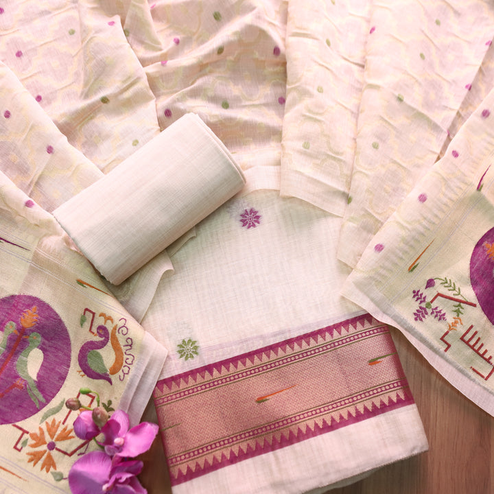 Mausami Shell White with Purple Jamdani Jacquard Paithani Inspired Chanderi Set